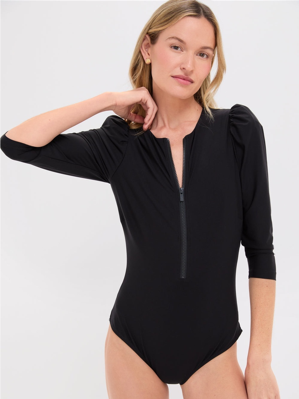 Stylest Caviar Sculpting Puff Sleeve One Piece Swimsuit Size Medium in Black NWT